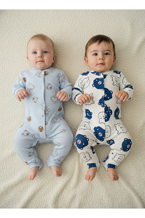 minço bebe Erkek Bebek Ayıcık Desenli 2'li Pamuklu Patiksiz Tulum Yenidoğan