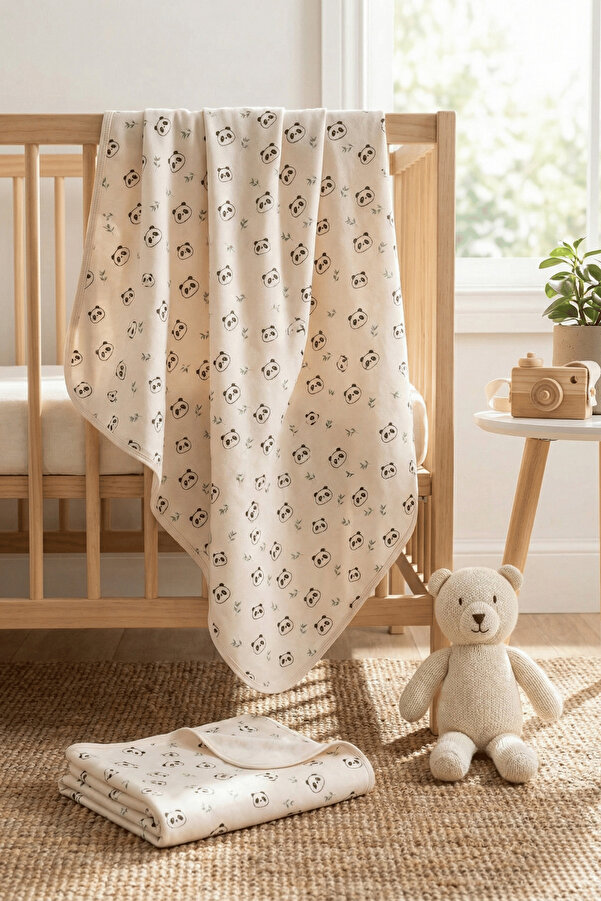 Genel Markalar Panda Baskılı Çift Katlı Penye Yenidoğan ve Çok Amaçlı %100 Pamuklu Bebe Battaniyesi
