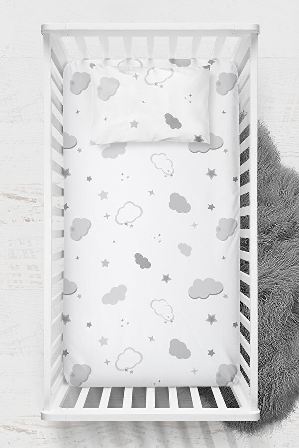 Wheeppo %100 Pamuk Ranforce Lastikli Çarşaf Seti - Gri Bulut Park Yatak 70x120 35x45