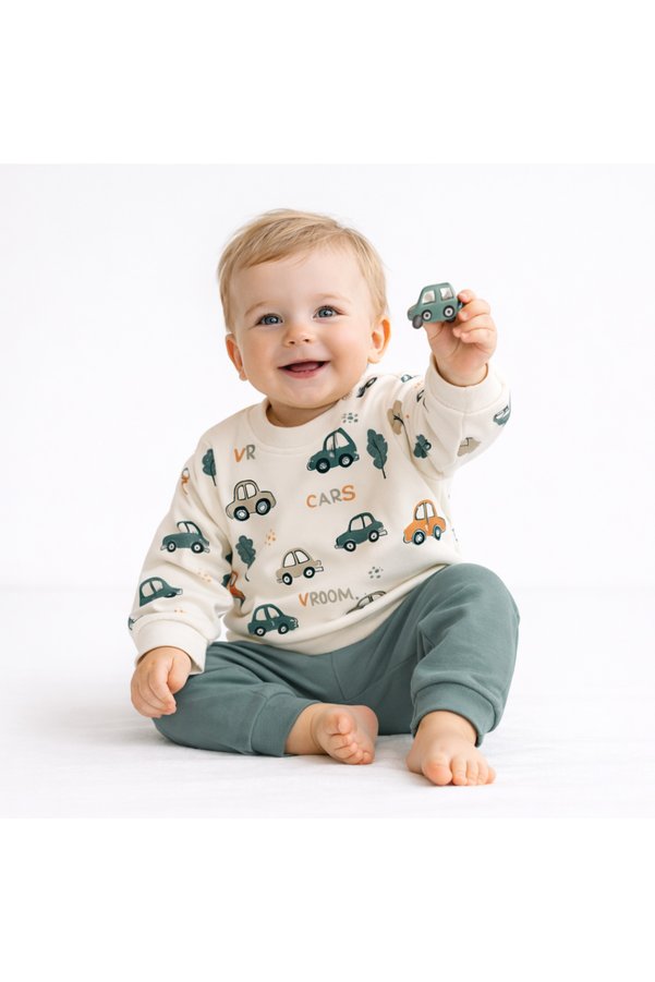Mou&Kou Baby Car Patterned 2-Piece Set – Sweatshirt and Bottoms Set, Soft Comfortable Everyday Outfit