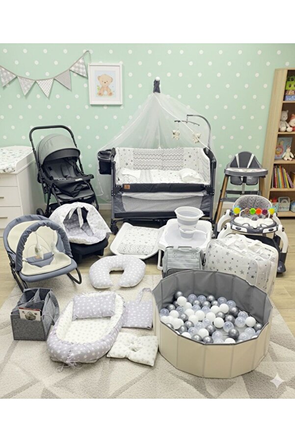 TURHANBEBE 30Parça Bebek Çeyiz Seti Bebek Arabası Puset Beşik Ana Kucağı Bebek Bakım Çantası 7'Li Tekstil Seti