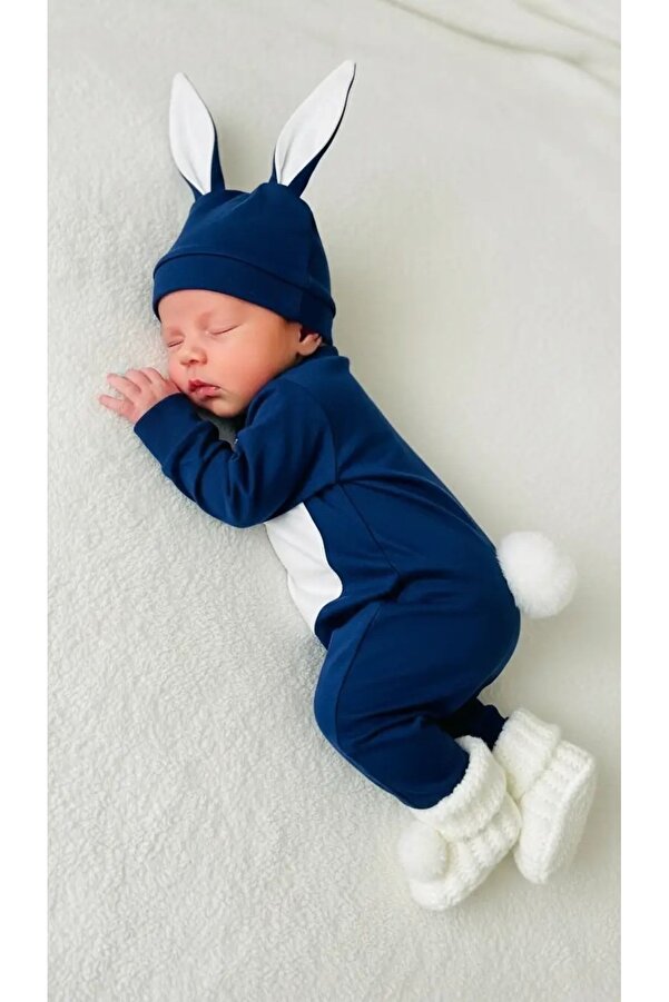 BEBERAZZİ Lacivert Patikli Tavşan Temalı Ponponlu Bebek Hastane Çıkışı Yenidoğan Tulum Eldiven Şapka Patik Set
