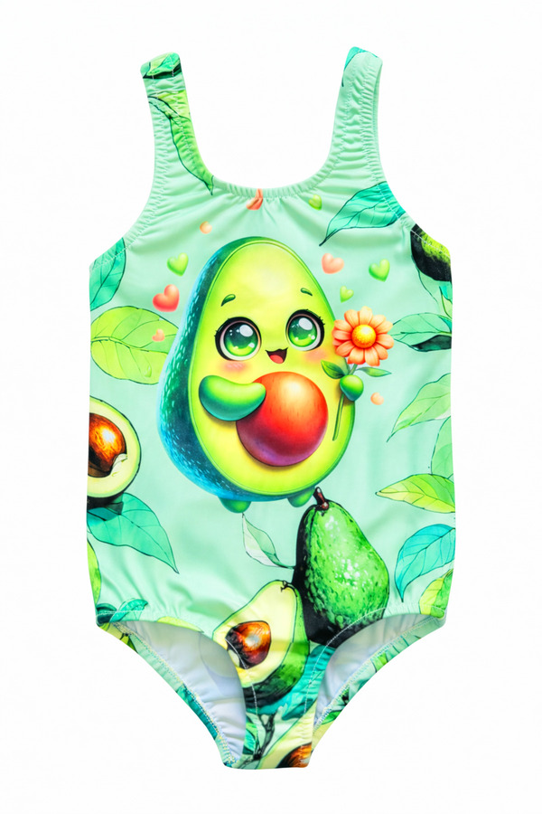 Papiş Kız Çocuk Mayo Sevimli Avokado Baskılı Yeşil Desenli Rahat Hızlı Kuruyan Deniz Havuz Plaj Mayosu