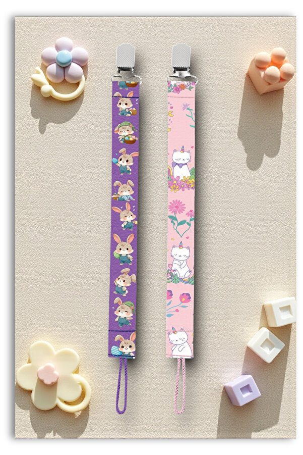 Mia Aurora 2li Set Bebek Emzik Askısı Emzik Zinciri Tavşan Unicorn Desenli Pembe Bebek Emzik Tutacağı
