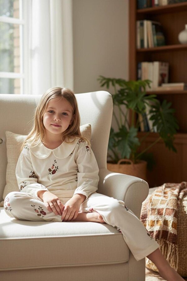 İsobel Kids BEYAZ ÖNLÜK YAKA ÇİÇEK DESENLİ %100 PAMUK SÜPREM KUMAŞ KIZ ÇOCUK PİJAMA TAKIMI