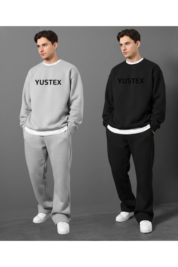 CANDERO Winter Fleece-Lined Cotton Inside Men's 2 Pieces (Black + Grey) Sweatpants Wide Leg Baggy Plus Size with Pockets