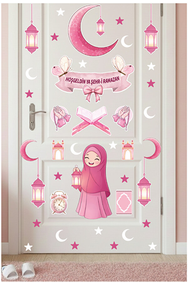 Ayza Tasarım Pembe Ramazan Süsleme Seti - Çocuk Odası Kapı ve Duvar Stickerı - Hoşgeldin Ya Şehr-i Ramazan