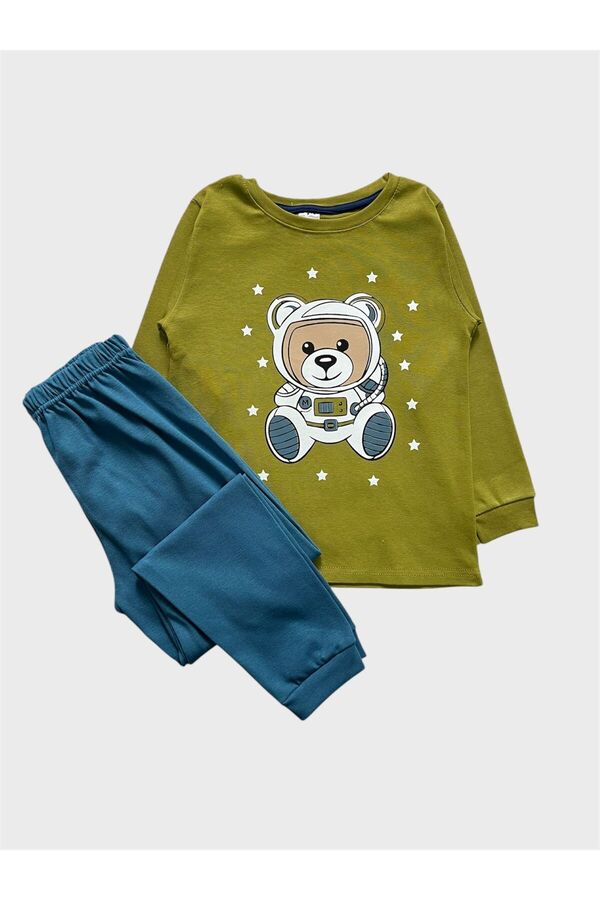 elmas kids Erkek Çocuk Pamuklu Haki Lacivert Astronot Desenli Uzun Kollu Ribana Likralı Kalın Pijama Takımı