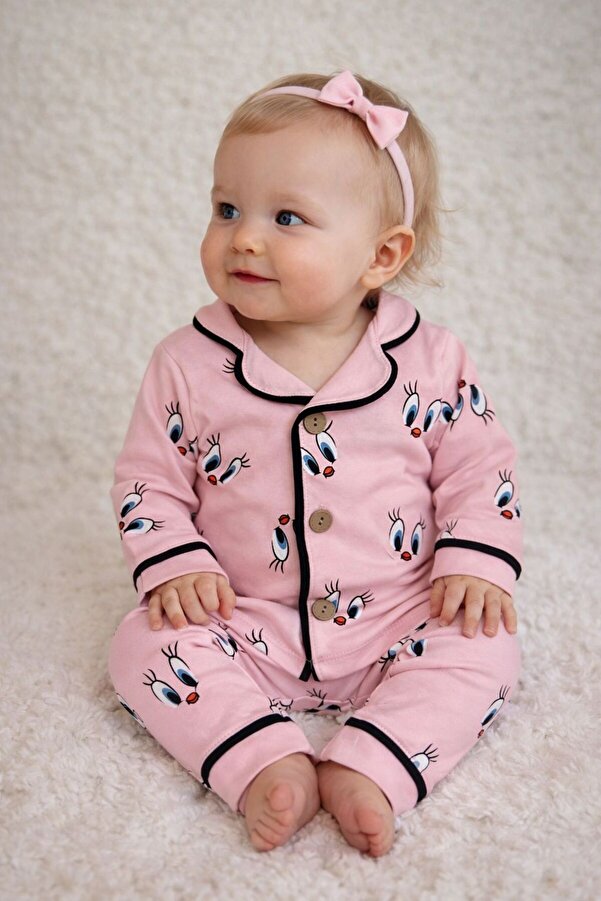 derin baby %100 Pamuk Uzun Kollu Düğmeli Mevsimlik Pembe Kız Tweety Bebek Pijama Takımı