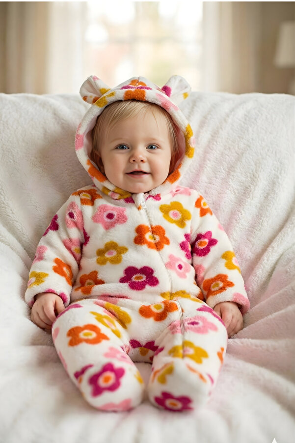 GÜLERBEBECİX Kız Bebek Welsoft Tulum Kapüşonlu Baskılı Desenli 0-12 Aylık
