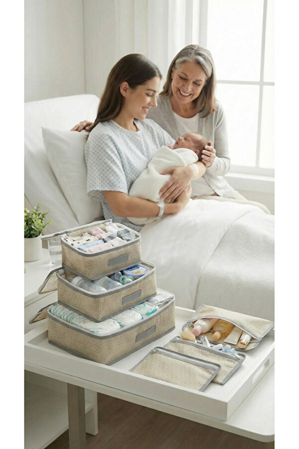 EVSELLA 6'lı Bebek Bakım Çantası Hastane Çıkış Doğum Çantası Organizer Bej Set