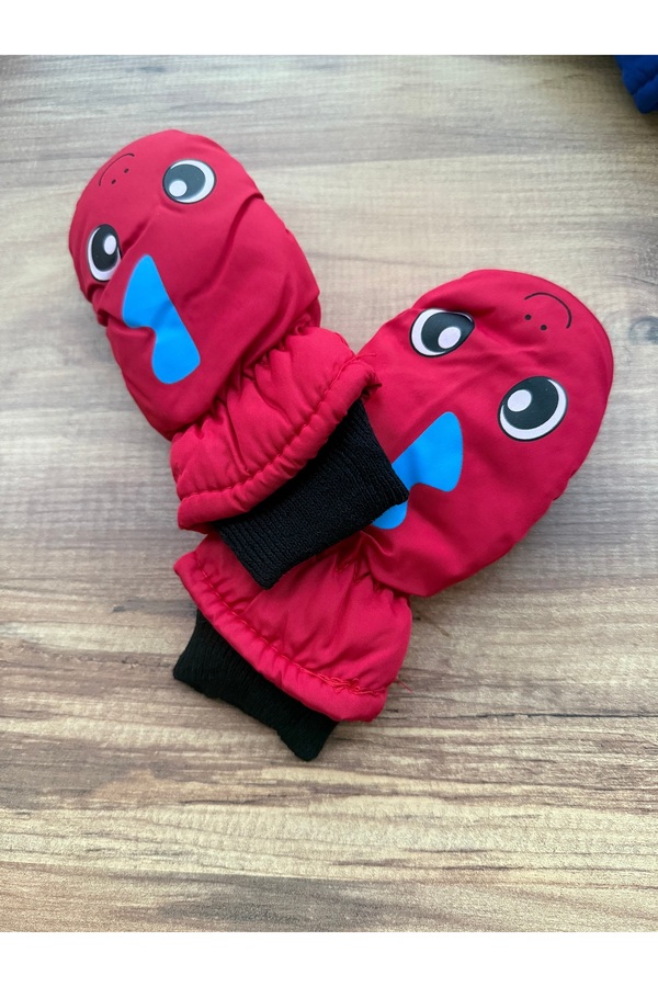 Blotch Sevimli Figür Su Geçirmez Kaliteli Lastikli Kırmızı İçi Polarlı Bebek Kar Eldiveni 0-24 ay