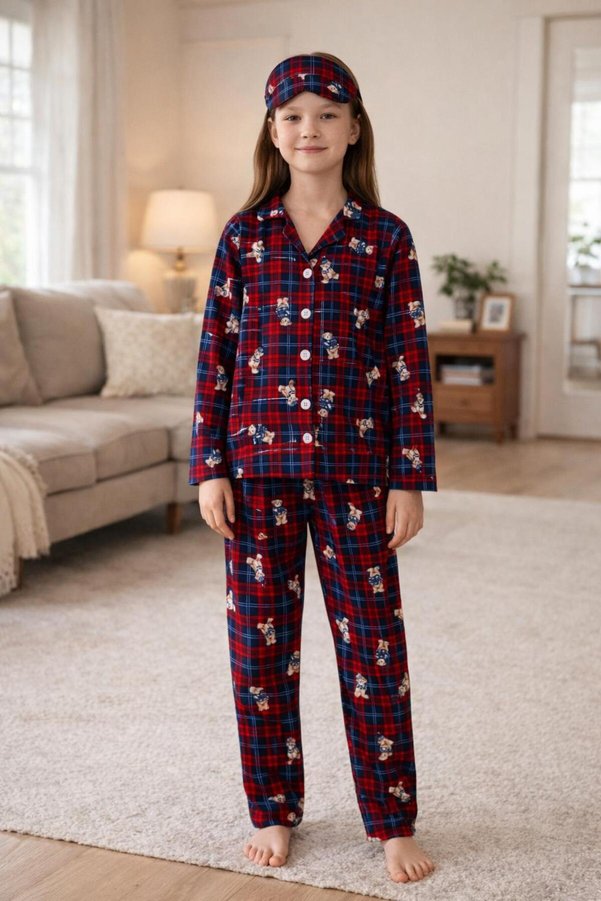 TİNY GOLDEN Girl's Cotton Suede Plaid Teddy Bear Patterned Shirt Collar Buttoned Sleepwear Set with Sleeping Glasses