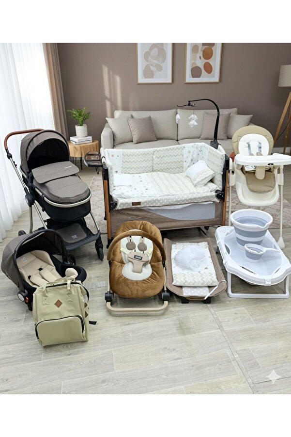 TURHANBEBE 20 Parça Bebek Çeyiz Seti Bebek Arabası Puset Beşik Ana Kucağı Bebek Bakım Çantası 7'Li Tekstil Seti