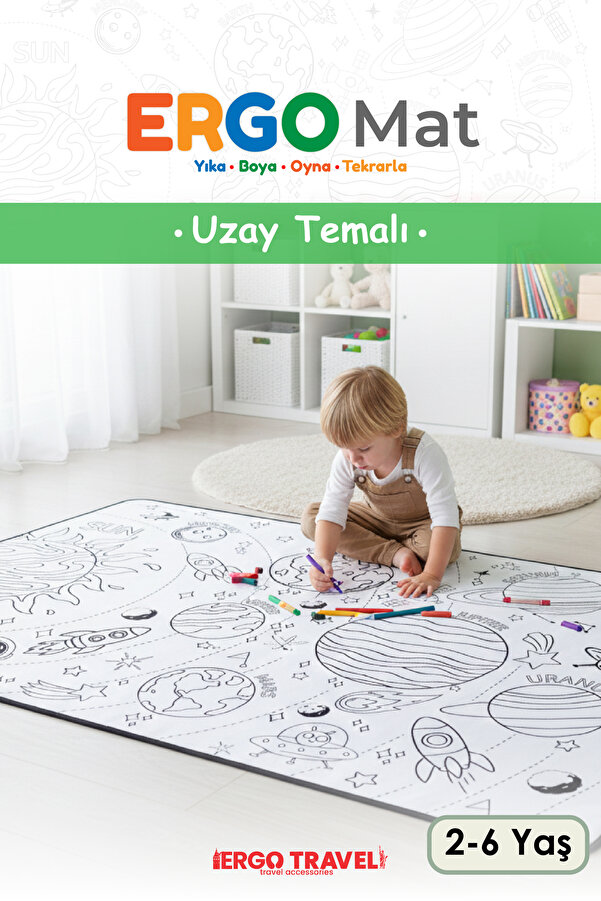 Viscofoam Uzay Temalı Boyama Oyun Matı 150x100 cm – Su İtici, Makinede Yıkanabilir, Tekrar Boyanabilir Halı