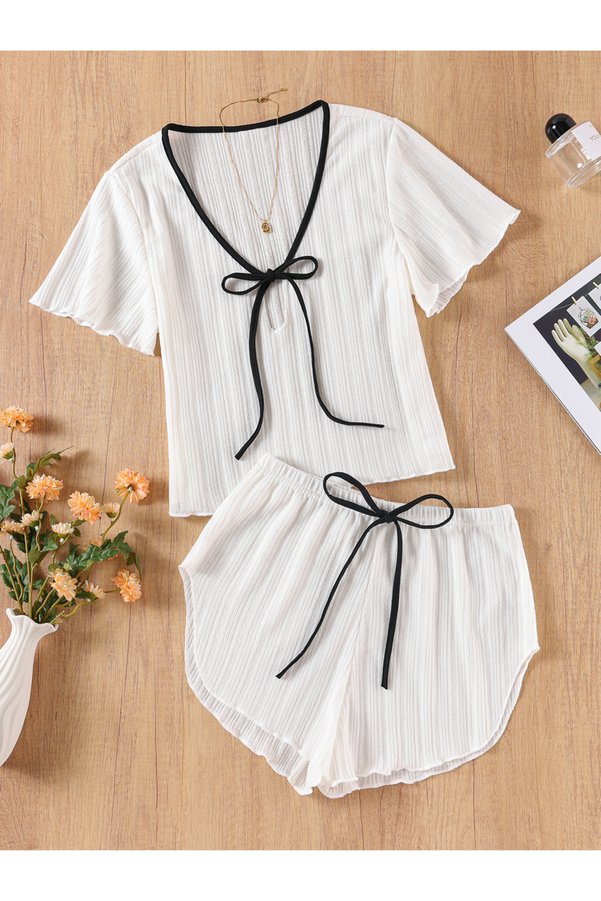 Take Two By Styli Tie-Up Textured Top and Shorts Set