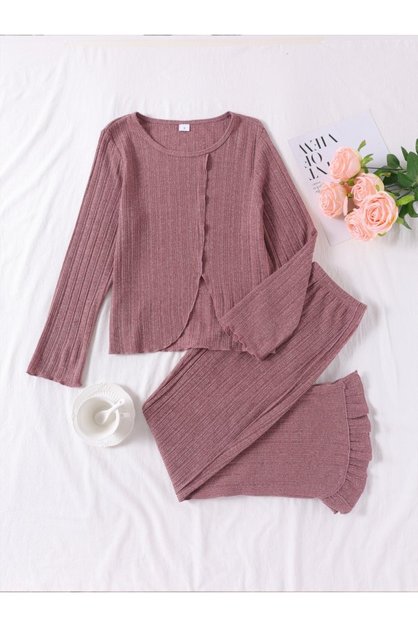 Take Two By Styli Textured Asymmetric Hem Top and Ruffle Hem Pyjama Set