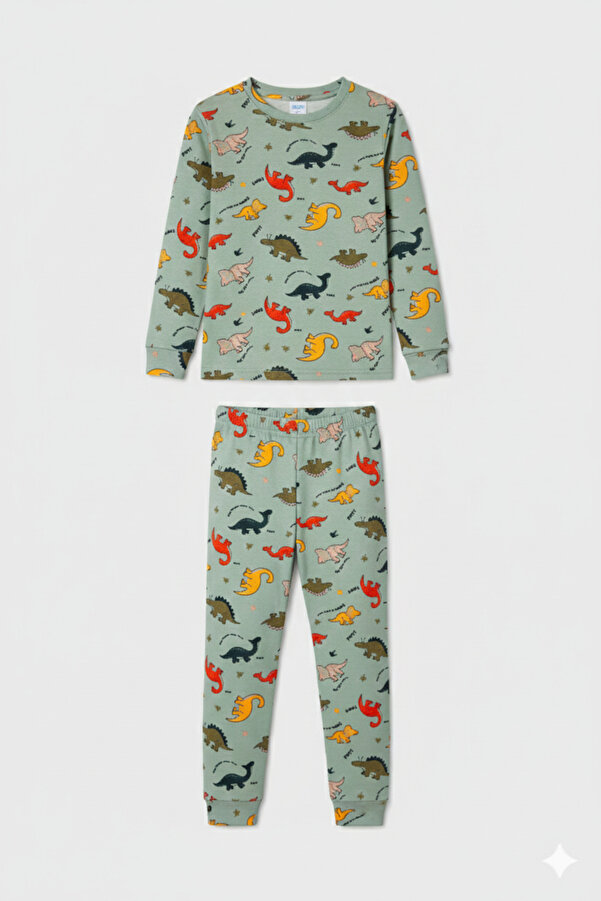 MADALİNA Erkek Çocuk %100 Pamuklu Yeşil Dino Desen Pijama Takımı