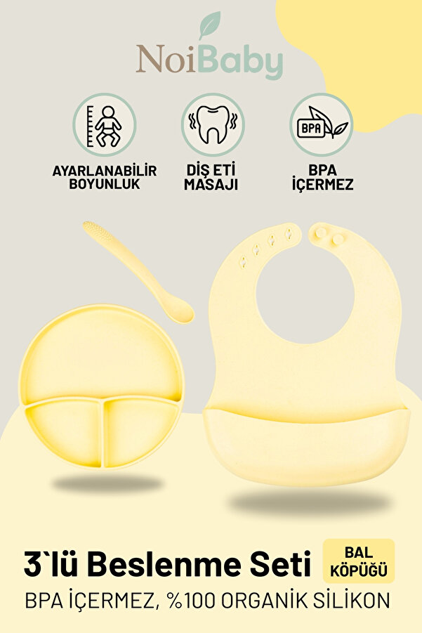 NoiBaby Sarı 3’Lü Silikon Yemek Seti – Önlük + Diş Kaşıyıcılı Kaşık + Vakumlu Tabak