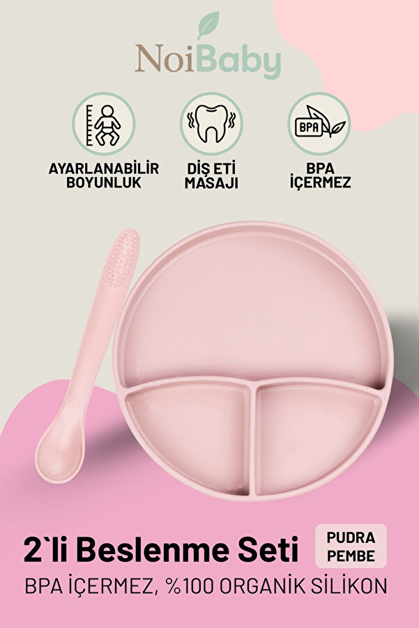 NoiBaby Vakum Tabanlı Silikon Tabak - Silikon Kaşık 2'li Set - ( Pembe )