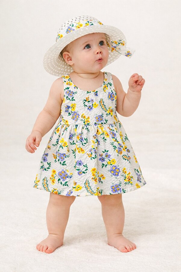 Chicsy Baby Tatlı Çiçek Desenli Şapkalı Fiyonklu Kız Bebek Elbisesi