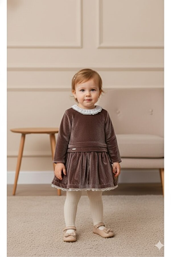 Babydola Kadife kız bebek elbise yakalı etek ucu dantelli özel tasarım