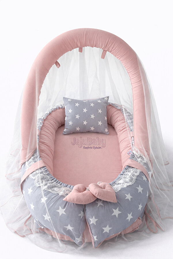 Jaju Baby Gri Yıldızlı Pudra Cibinlik - Oyuncak Askılı Tasarım Jaju Babynest Anne Yanı Bebek Yatağı