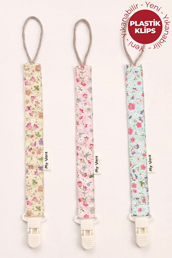 MyVera Bahar Çiçek Desenli Vizon - Pudra - Su Yeşili  Emzik Askısı Seti - 3'lü Emzik Zinciri Seti
