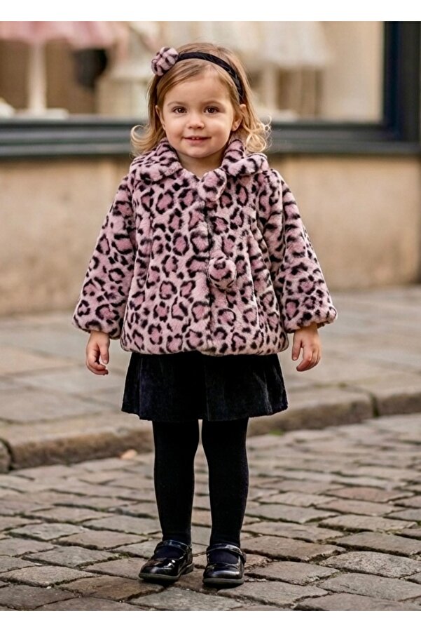 miaras baby Kız Bebek Bandanalı Leopar Desen Peluş Mont