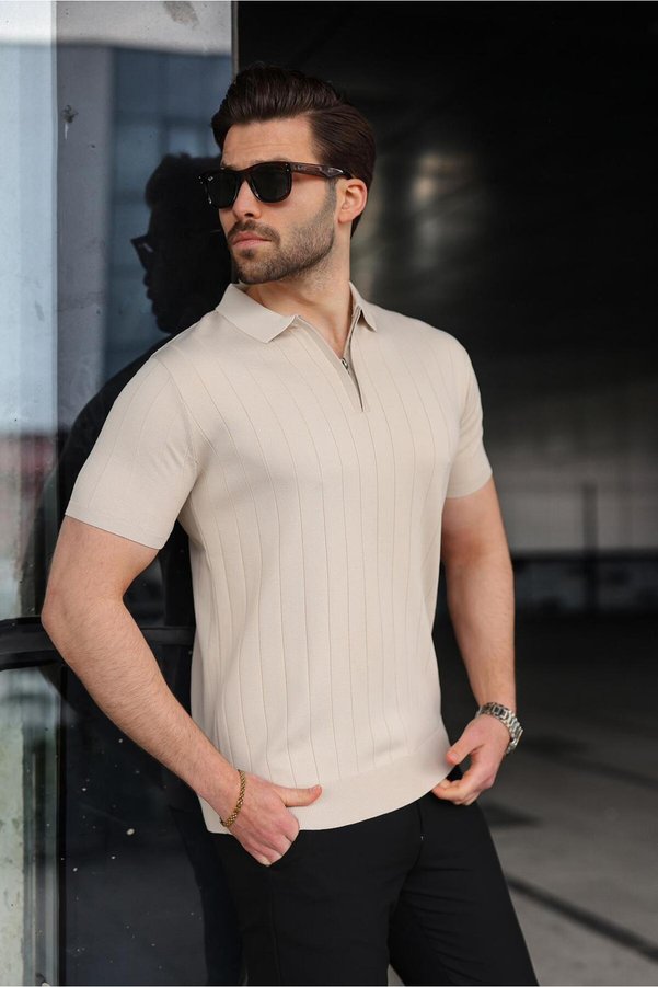 Madmext Stone Color Men's Zip-Up Polo T-Shirt E7298