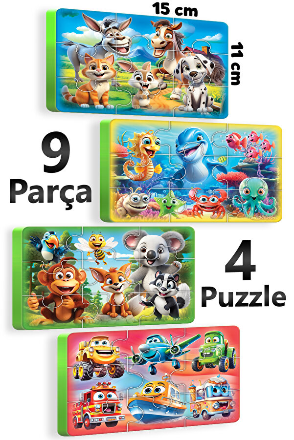 EVAKANCA 9 Parçalı 4 Adet Kalın EVA Puzzle Yapboz Orman Çiftlik Deniz Hayvanları Taşıtlar