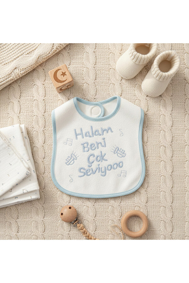 Babix Halam Beni Çok Seviyoo Yazılı Mama Önlüğü Mavi