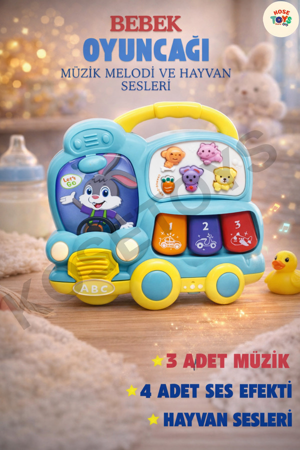 kosetoys Bebek Oyuncağı Müzikli Tavşan Otobüsü Işıklı ve Müzikli 3 Farklı Mod Özellikli Melodi ve Hayvan Sesi