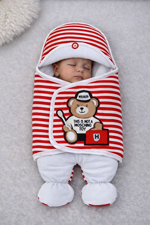 Tomuycuk Yenidoğan Unisex Ayaklı Bebek Kundağı Ve Uyku Tulumu - Ayıcık Nakışlı & Kırmızı Çizgili