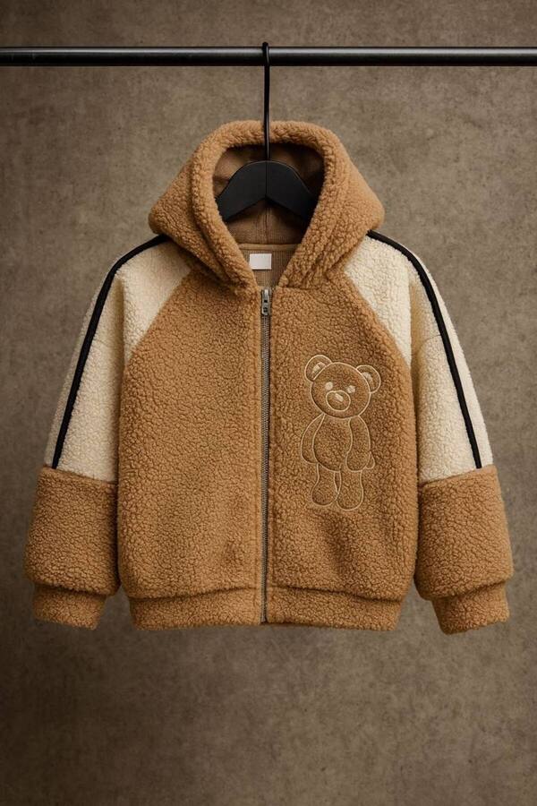 Hirazenmoda çocuk kışlık peluş mont fermuarlı ayıcık nakışlı ceket