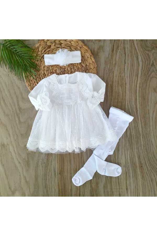 bebe kervanı Kız Bebek %100 Pamuk Ekru Fransız Güpürlü İthal Dantelli Mevlüt Elbisesi Özel Gün Takımı BBK1318