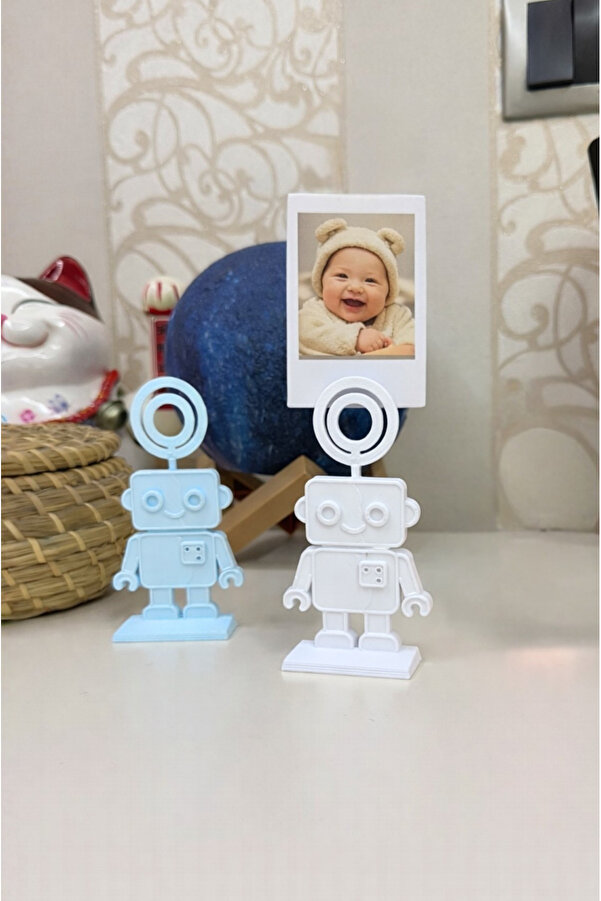 hobier 2 Adet Mavi Beyaz Robot Figürlü Fotoğraf Tutucu, Bebek Odası Dekoru