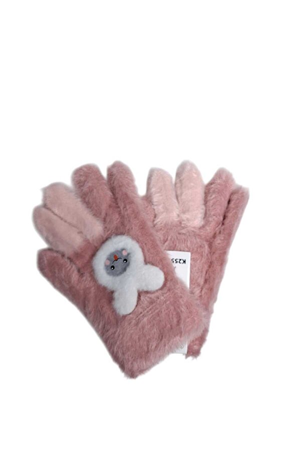 Kitti Spteks 4-8 Yaş Kız Çocuk Koyu Pembe Sevimli Tavşan Figürlü Kışlık Örme Eldiven