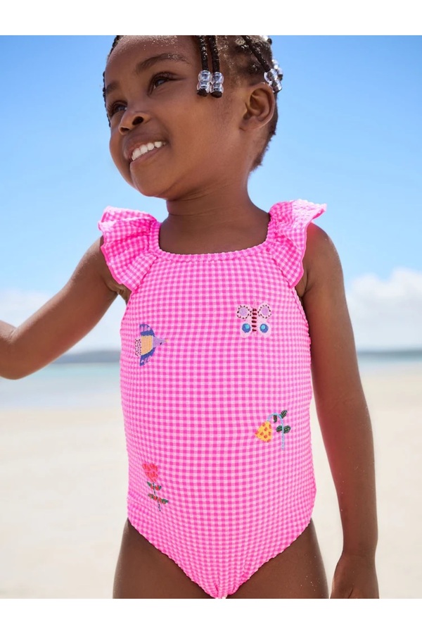 Next Baby Pembe Ekose Fırfırlı Omuzlu Mayo