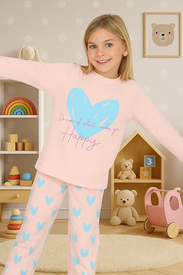 Little Miny Kids Kalp Desen %100 Pamuk Pudra Pembe Kız Çocuk Pijama Takım