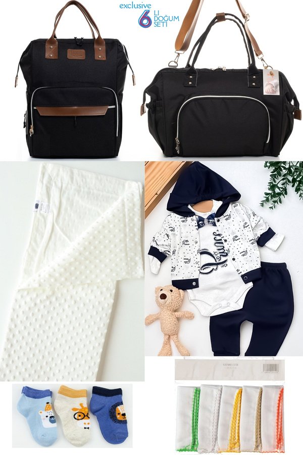 Beyaz Bebek 6’lı Bebek Doğum Seti(HASTANE ÇIKIŞ,ANNE&BEBEK BAKIM OMUZ VE SIRT ÇANTASI,BATTANİYE,ÇORAP VE MENDİL)