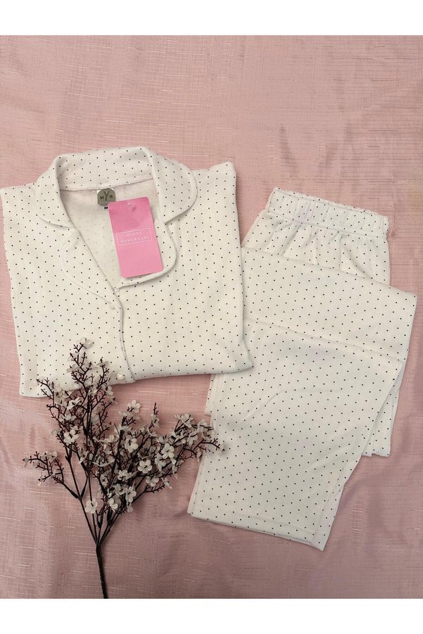 MH Moony Homewears Artlandia Black Polka Dot Winter Thermal Merlin Fabric Pajama Set