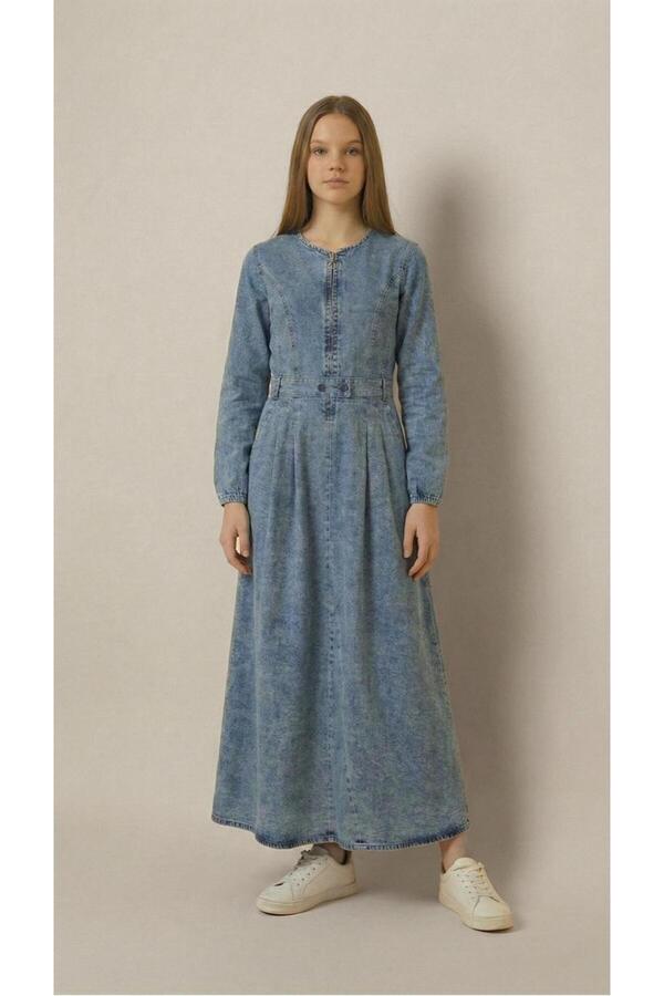 Jannock Young Girl's Denim Hijab Dress Full Length Model-Elb-1052
