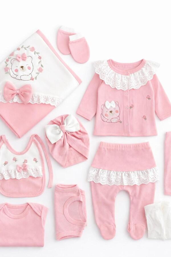 BYS BABY FASHION %100 Pamuklu 10'lu Yenidoğan Dantel Yakalı Kız Bebek Kutulu Hastane Çıkışı Takımı