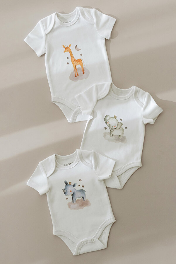 Lilabio %100 Organik Pamuk 3lü Baskılı Kısa Kollu Bebek Body Hayvanlar