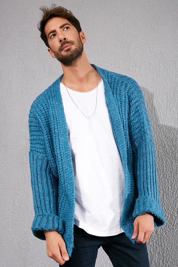 Sateen Men Cardigan Turquoise Regular fit Trendyol
