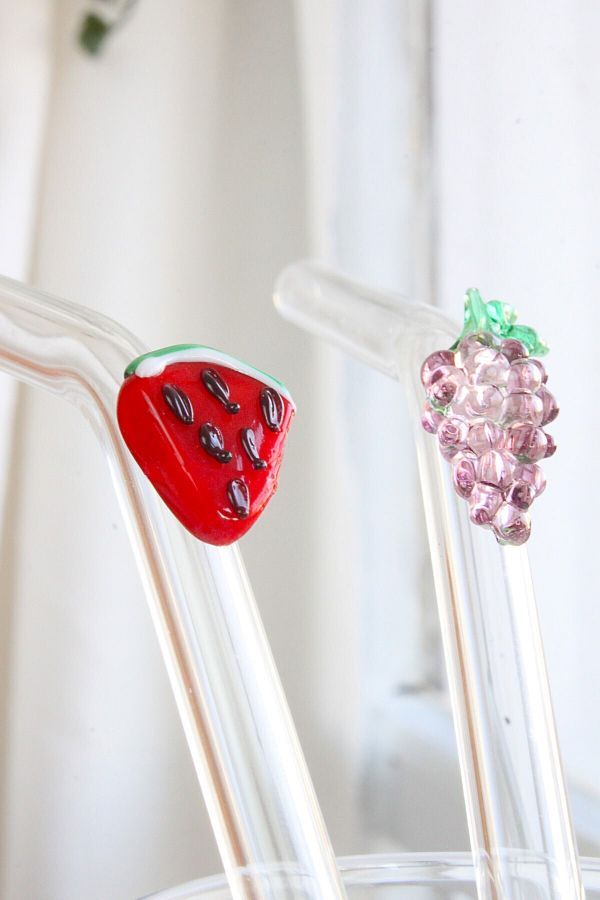 ADAMODART-Set of 2 Glass Straws with Grape & Watermelon Figures 1