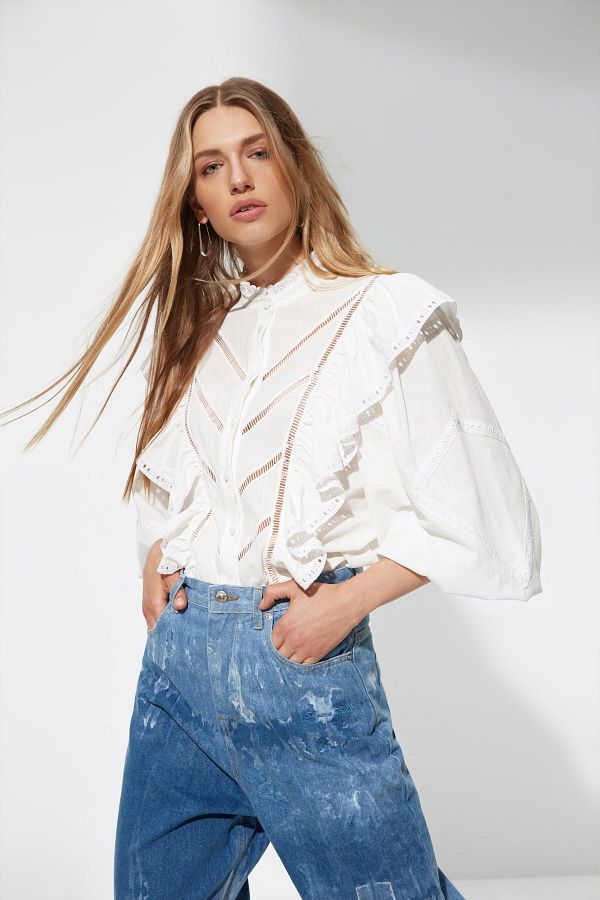 Trendyol Collection-Gewebtes Hemd Ecru mit Accessoires - TPRAW22GO1089 1