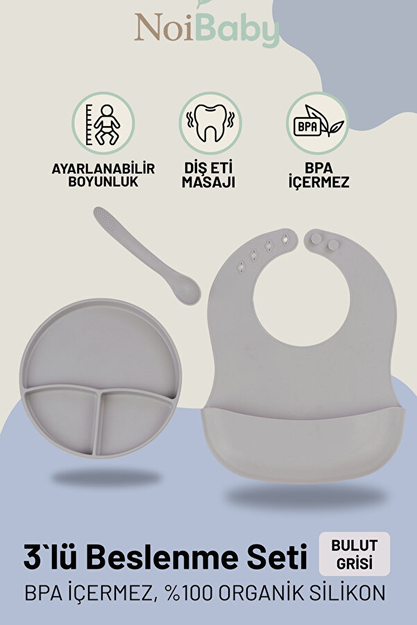 NoiBaby Gri 3’Lü Silikon Yemek Seti – Önlük + Diş Kaşıyıcılı Kaşık + Vakumlu Tabak