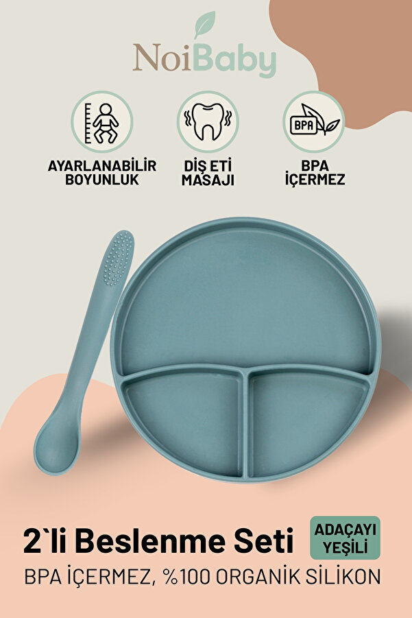 NoiBaby Vakum Tabanlı Silikon Tabak - Silikon Kaşık 2'li Set - ( Koyu Yeşil )